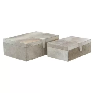 LITTON LANE Rectangular Wood and Leather Hide Gray Buttoned Boxes (Set of 2)