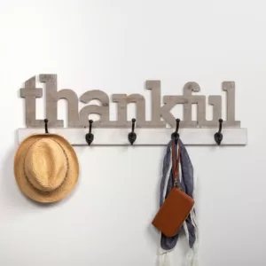 Pinnacle Rustic Thankful Gray Wood Decorative Sign with Hooks