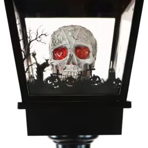 Haunted Hill Farm 71 in. Black Gruesome Skull Lamp Post with Animation and Spooky Music