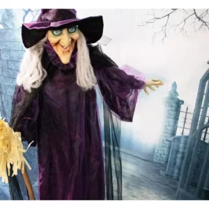 Haunted Hill Farm 6 ft. Animatronic Talking Witch with Broomstick Halloween Prop