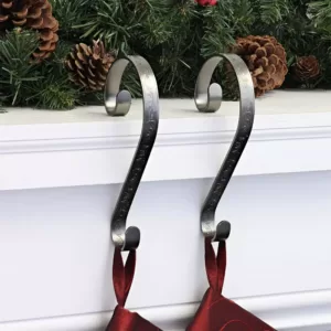 Haute Decor Pewter Holly Embossed Stocking Scroll Stocking Holder (2-Pack)