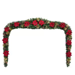 Home Accents Holiday 17 ft. Burgundy Poinsettia Mixed Pine Garland with Berries and Gold Glitter Cedar