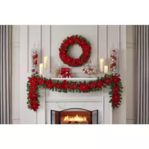 Home Accents Holiday 9 ft. Berry Bliss Battery Operated Pre-Lit LED Artificial Christmas Garland with Poinsettia