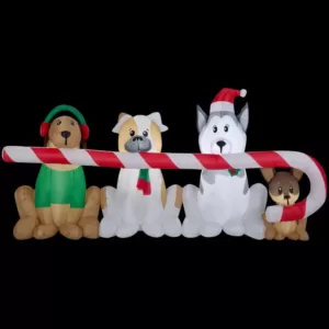 Home Accents Holiday 8 ft. W Pre-Lit Giant Airblown Inflatable Christmas Puppies with Candy Cane Scene