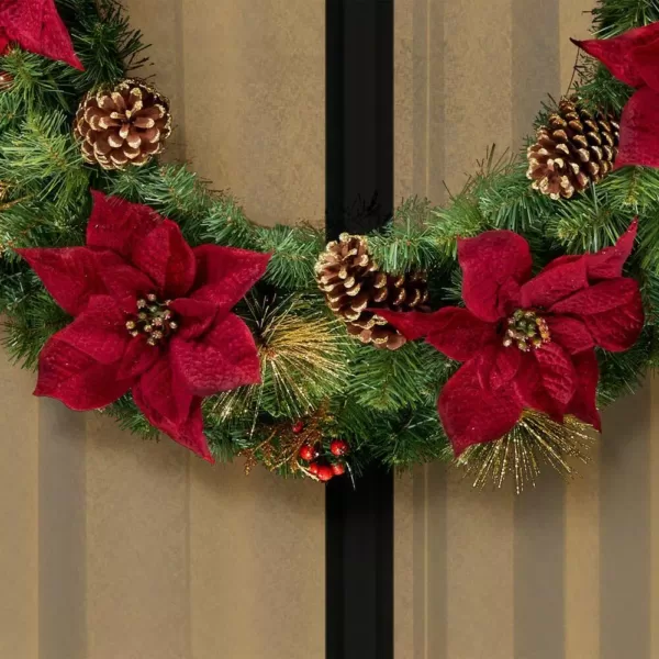 Home Accents Holiday 36 in. Burgundy Poinsettia Pine Wreath with Berries, Gold Glitter Cedar and Pinecones