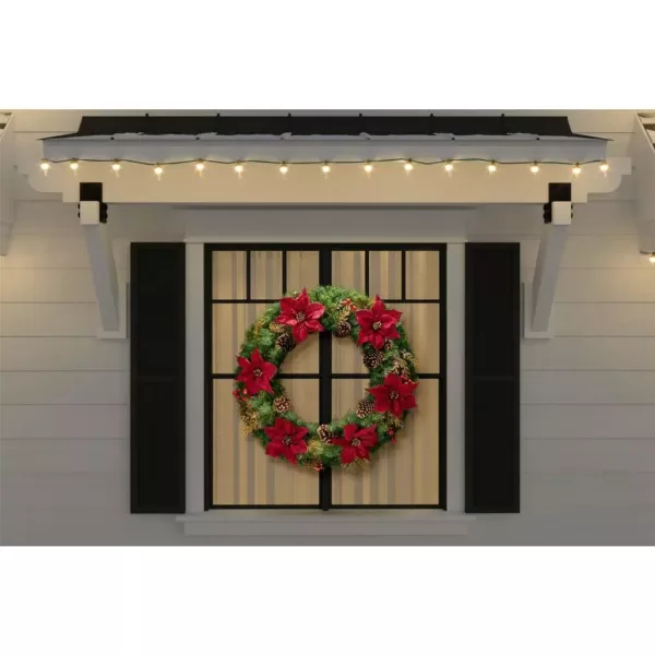 Home Accents Holiday 36 in. Burgundy Poinsettia Pine Wreath with Berries, Gold Glitter Cedar and Pinecones