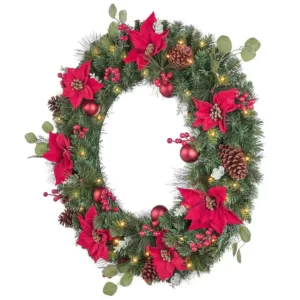 Home Accents Holiday 36 in Berry Bliss Battery Operated Mixed Pine LED Pre-Lit Artificial Wreath with Timer