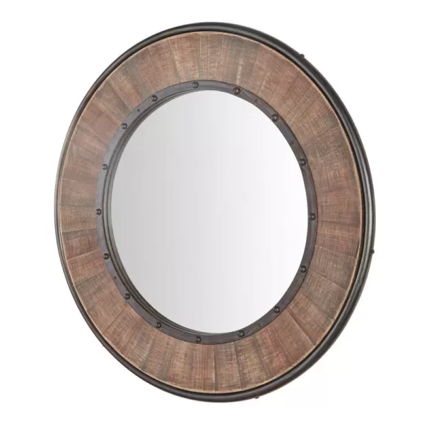 Home Decorators Collection Medium Round Farmhouse Accent Mirror with Wood Finish (31 in. Diameter)