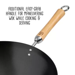 Honey-Can-Do Joyce Chen 14 in. Black with Birchwood Handle Carbon Steel Non-Stick Wok