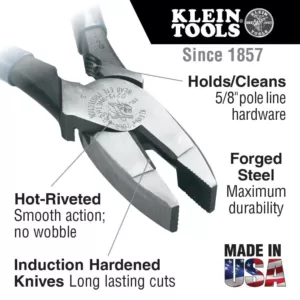 Klein Tools 9 in. Lineman's Bolt-Thread Holding 2000 Series High-Leverage Side Cutting Pliers