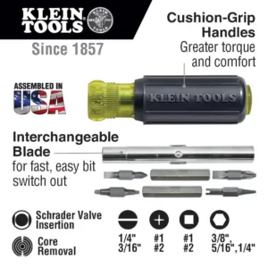 Klein Tools 11-in-1 Multi-bit Screwdriver/Nut Driver with Schrader Valve Core Tool - Cushion Grip Handle