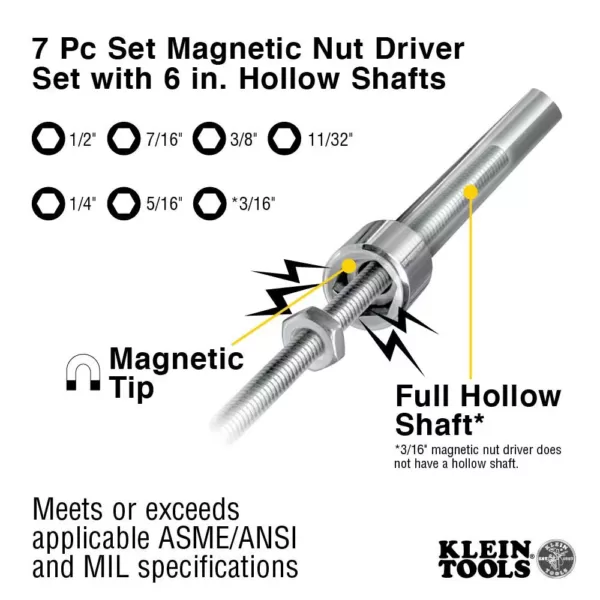 Klein Tools 7-Piece Magnetic Nut Driver Set with 6 in. Hollow Shafts- Cushion Grip Handles