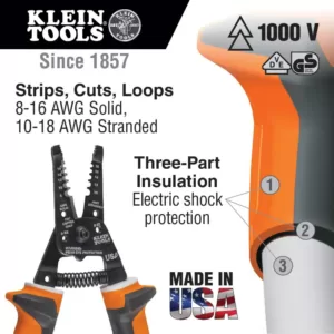 Klein Tools 8 in. Electrician's Insulated Wire Stripper & Cutter for 8-16 AWG Solid and 10-18 AWG Stranded Copper Wire