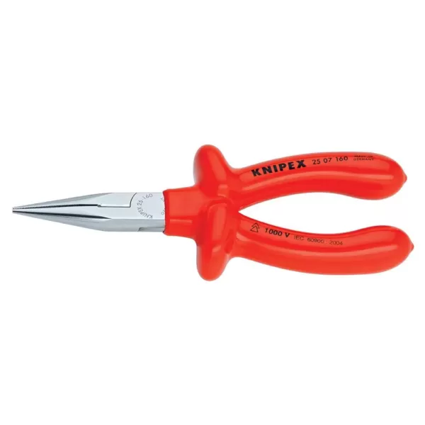 KNIPEX 6-1/4 in. 1000-Volt Insulated Long Nose Pliers with Cutter and Chrome Plating in Red