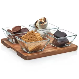 Libbey Acaciawood 4-Piece Glass Antipasto Bowl Set with Wood Serving Board