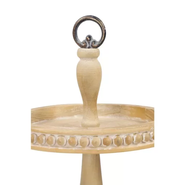 LITTON LANE Tall Natural Beige Wood 2-Tier Round Serving Tray Stand