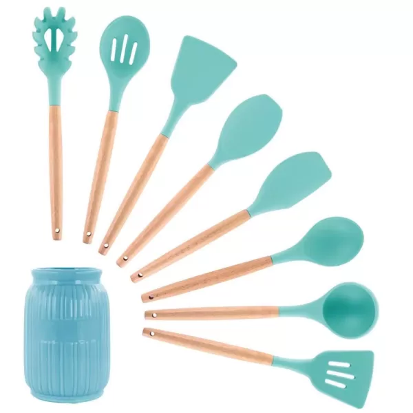 MegaChef Light Teal Silicone and Wood Cooking Utensils (Set of 9)