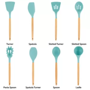 MegaChef Light Teal Silicone and Wood Cooking Utensils (Set of 9)