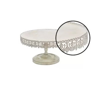 LITTON LANE 16 in. W x 9 in. H Whitewashed and Rust Brown Round Iron Cake Stand with Floral Bunting Overhang