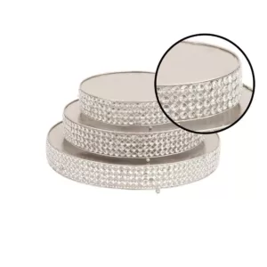 LITTON LANE Silver Iron Round Cake Stands with Round Crystal Beads Edge Detailing and Ball Feet (Set of 3)