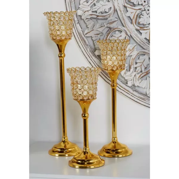 LITTON LANE Gold Aluminum Candle Holders with Bead Accents (Set of 3)