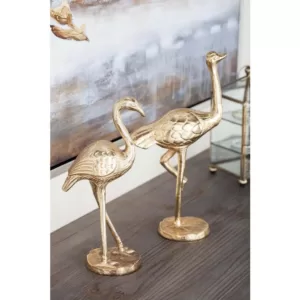 LITTON LANE 14 in. Flamingo Aluminum Decorative Sculpture in Gold (Set of 2)