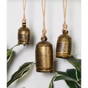 LITTON LANE Gold Brass Iron Bells with Rope Hangers (Set of 3)