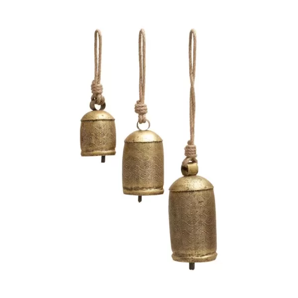 LITTON LANE Gold Brass Iron Bells with Rope Hangers (Set of 3)