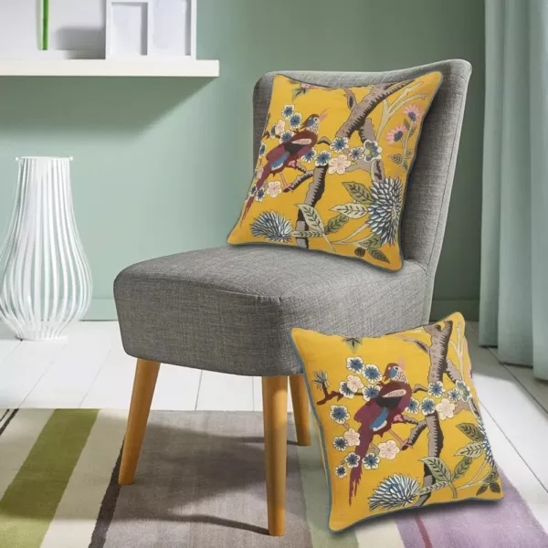 LR Home Scenic Yellow Floral Birds Soft Poly-Fill 20in. x 20 in. Throw Pillow