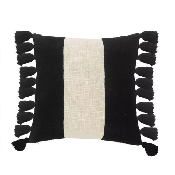 LR Home Trinity Black and Ivory Stripe Fringe Soft Poly-fill 20 in. x 20 in. Throw Pillow