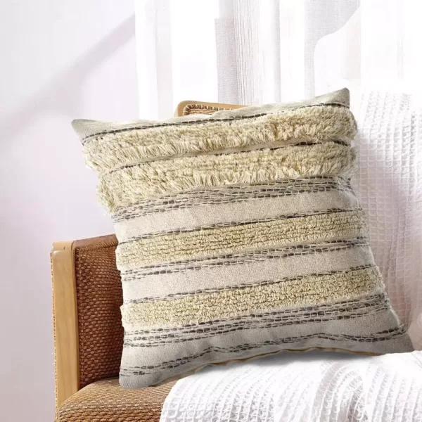 LR Resources Zanthia Cream / Gray / Gold Striped Hypoallergenic Polyester 20 in. x 20 in. Throw Pillow