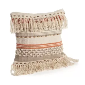 LR Resources Chic Fringe Beige Striped Hypoallergenic Polyester 18 in. x 18 in. Throw Pillow