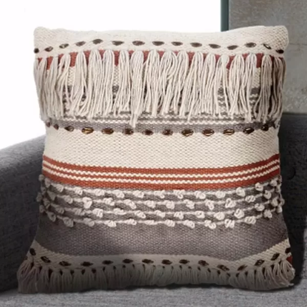 LR Resources Chic Fringe Beige Striped Hypoallergenic Polyester 18 in. x 18 in. Throw Pillow