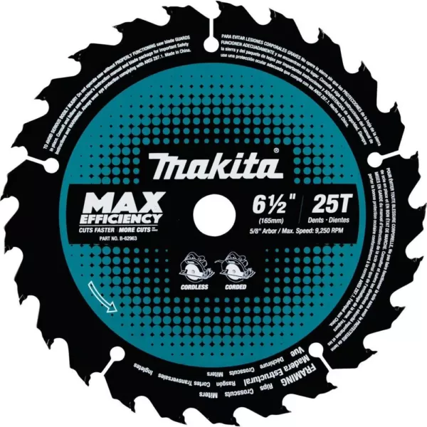 Makita 6-1/2 in. 25T Carbide-Tipped Max Efficiency Ultra-Thin Kerf Circular Saw Blade, Framing