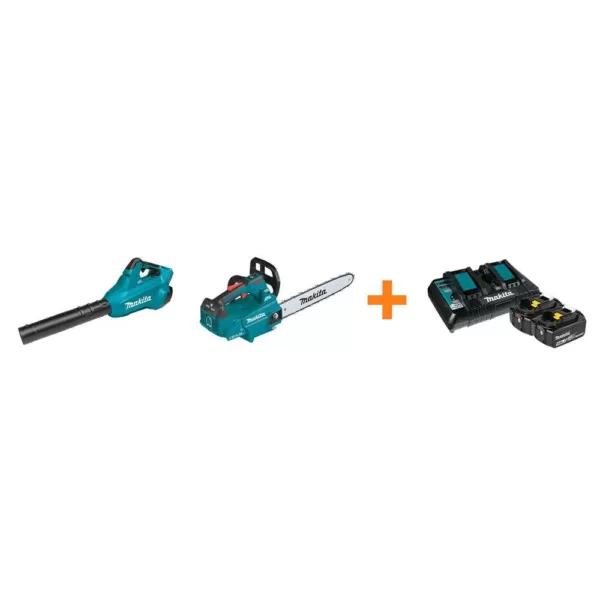 Makita 18V X2 LXT Blower and 18V X2 LXT 16 in. Top Handle Chain Saw with bonus 18V LXT Starter Pack