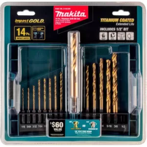 Makita Impact 1/4 in. Hex Shank Gold Titanium Drill Bit Set (14-Piece)