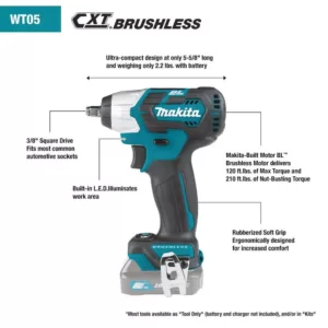 Makita 12-Volt MAX CXT Lithium-Ion Brushless Cordless 3/8 in. sq. Drive Impact Wrench Kit (2.0 Ah)