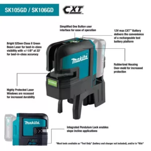 Makita 12-Volt MAX CXT Self-Leveling Cross-Line Green Laser Kit (2.0 Ah)