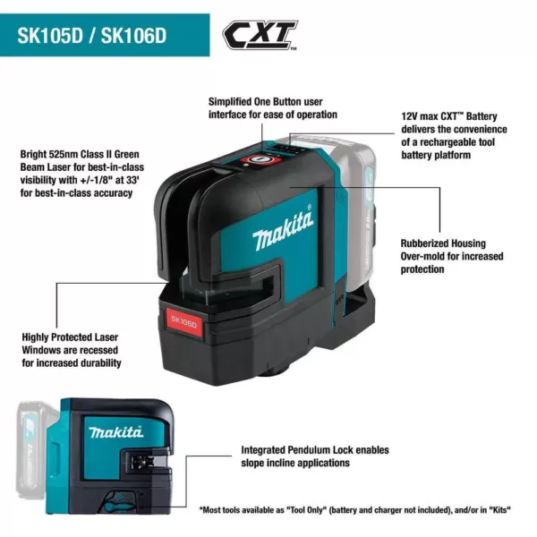 Makita 12-Volt MAX CXT Self-Leveling Cross-Line/4-Point Green Laser Kit (2.0 Ah)