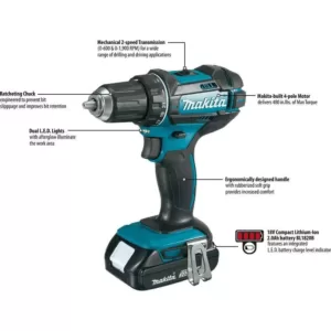 Makita 18-Volt LXT Lithium-Ion Cordless 1/2 in. XPT Drill/Driver Kit with Two 2.0 Ah Batteries Charger and Hard Case