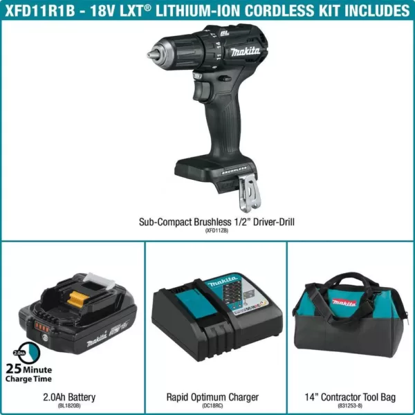 Makita 18-Volt 2.0Ah LXT Lithium-Ion Sub-Compact Brushless Cordless 1/2 in. Driver-Drill Kit