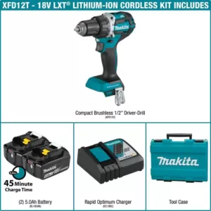 Makita 18-Volt LXT Lithium-Ion Compact Brushless Cordless 1/2 in. Driver-Drill Kit with Two 5.0 Ah Batteries, Charger, Bag