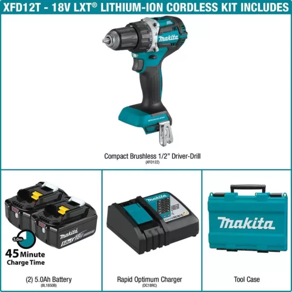 Makita 18-Volt LXT Lithium-Ion Compact Brushless Cordless 1/2 in. Driver-Drill Kit with Two 5.0 Ah Batteries, Charger, Bag