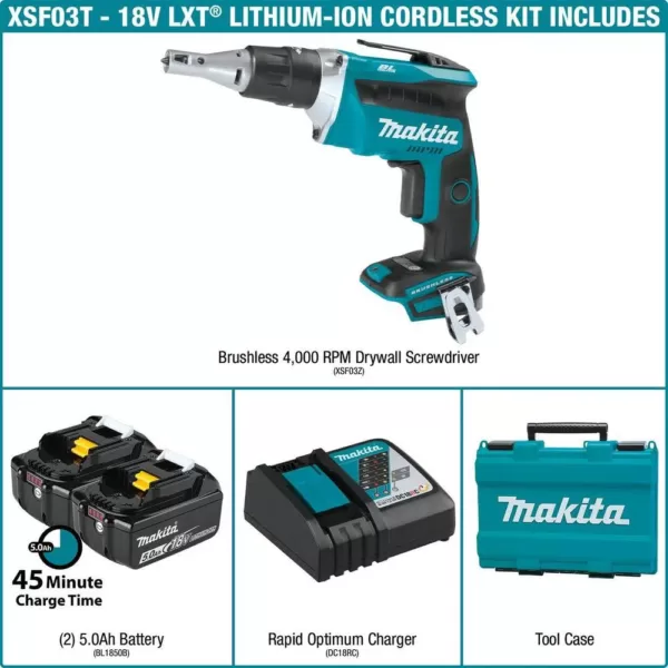 Makita 18-Volt 5.0Ah LXT Lithium-Ion Brushless Cordless Drywall Screwdriver Kit