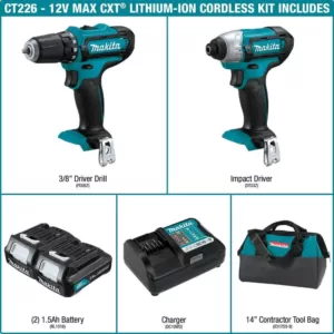 Makita 12-Volt MAX CXT Lithium-Ion Cordless 3/8 in. Drill and Impact Driver Combo Kit with (2) 1.5Ah Batteries Charger and Bag