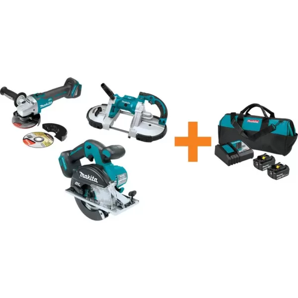 Makita 18-Volt LXT Brushless Cut-Off/Angle Grinder, Metal Cutting Saw and Portable Band Saw with bonus 18V LXT Starter Pack