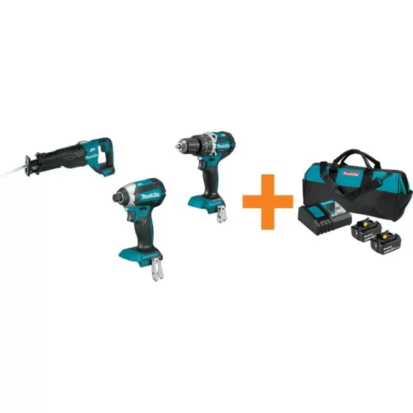 Makita 18V LXT Brushless 1/4 in. Impact Driver, 1/2 in. Hammer Driver-Drill and Recipro Saw with bonus 18V LXT Starter Pack