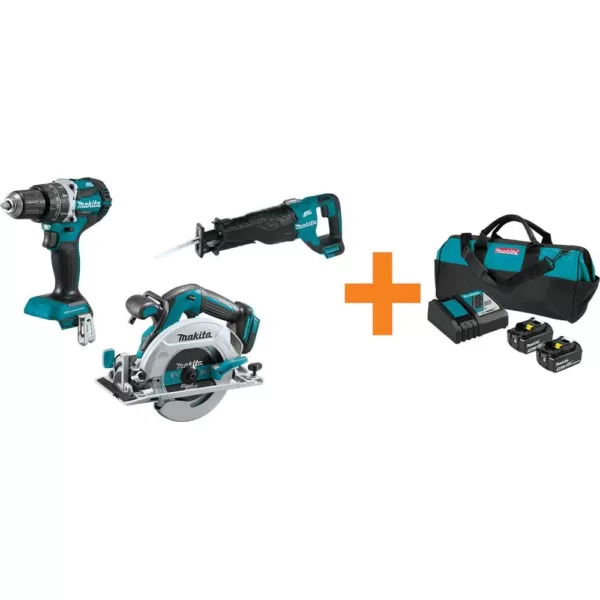 Makita 18V LXT 1/2 in. Brushless Hammer Driver-Drill, 6-1/2 in. Circ Saw and Recip Saw with bonus 18V LXT Starter Pack