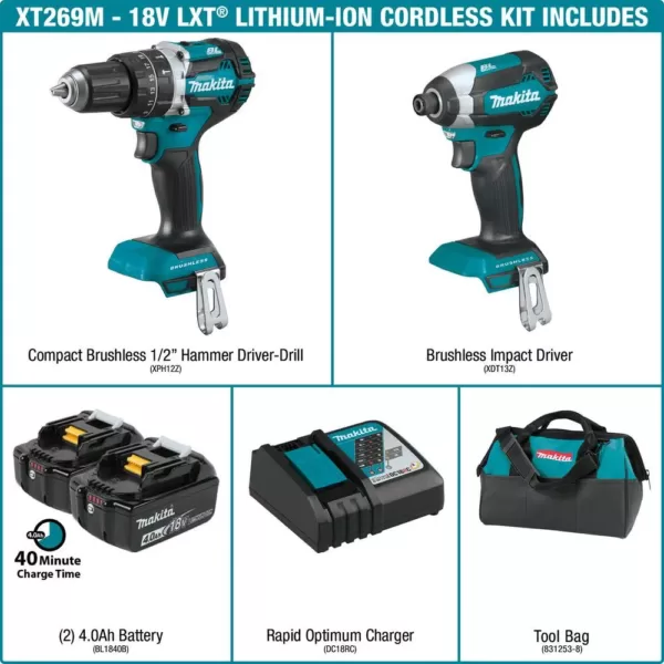 Makita 18-Volt LXT Lithium-Ion Brushless Cordless Hammer Drill and Impact Driver Combo Kit (2-Tool) w/ (2) 4Ah Batteries, Bag