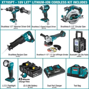 Makita 18-Volt LXT Brushless 7-Piece Kit Hammer Driver-Drill, Impact Driver, Recipro Saw, Circ Saw, Grinder, Radio, Light 5.0Ah